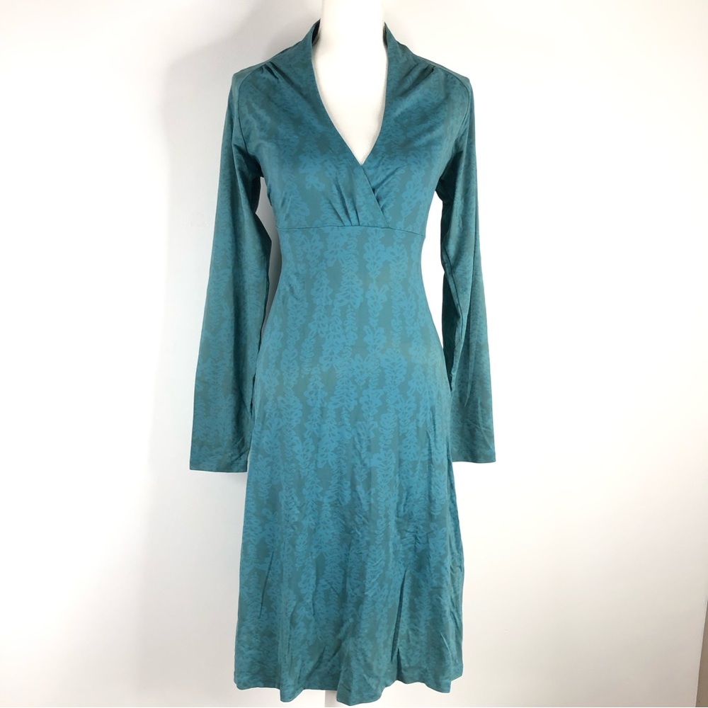 Patagonia Womens Large EVA LUNA Green Print Long Sleeve Dress V-Neck
